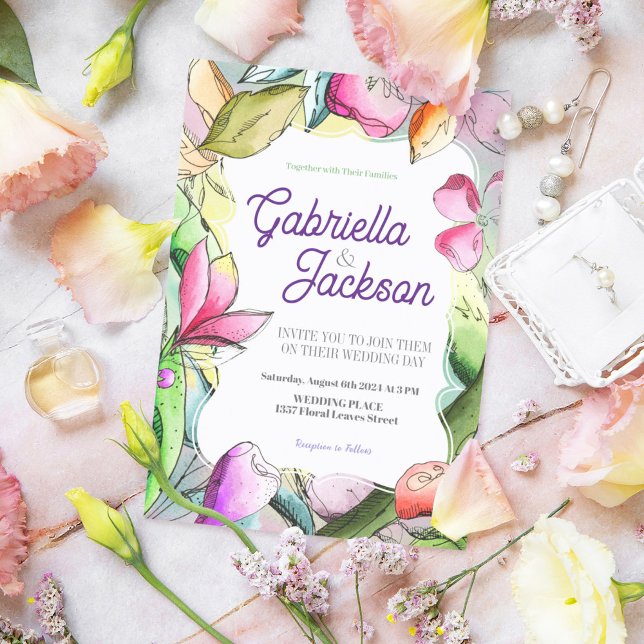 Personalize Beautiful Watercolor Outlined Flower Invitation (Creator Uploaded)
