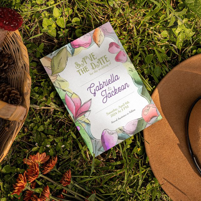 Personalize Beautiful Watercolor Outlined Flower Save The Date (Creator Uploaded)