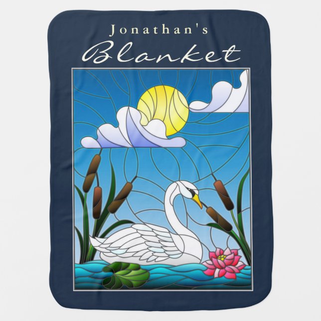 Personalize Beautiful White Swan Swims in Pond Baby Blanket (Front)