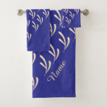 Personalize Beige Leaf Repeat Deep Blue  Bath Towel Set