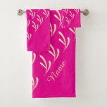 Personalize Beige Leaf Repeat Hot Pink   Bath Towel Set