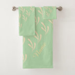 Personalize Beige Leaf Repeat Pastel Green   Bath Towel Set