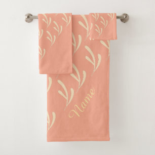 Personalize Beige Leaf Repeat Peach  Bath Towel Set