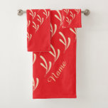 Personalize Beige Leaf Repeat Red   Bath Towel Set