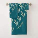 Personalize Beige Leaf Repeat Teal    Bath Towel Set