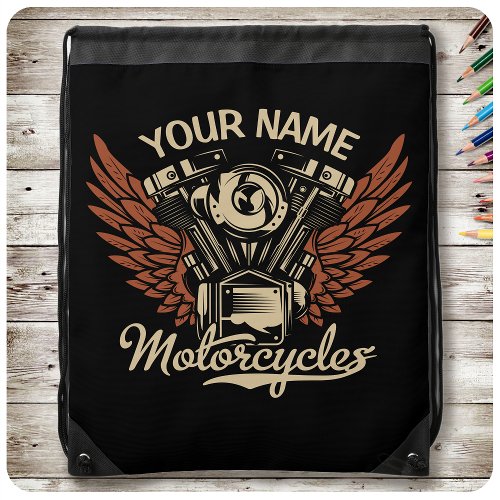  Personalize Biker Motorcycles Motor Wings Garage  Drawstring Bag