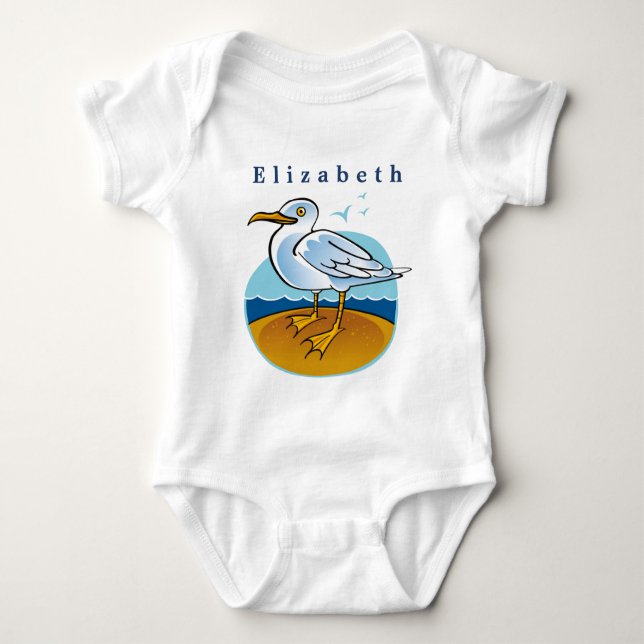 Personalize Bird Seagull on Brown Sandy Beach Baby Bodysuit (Front)