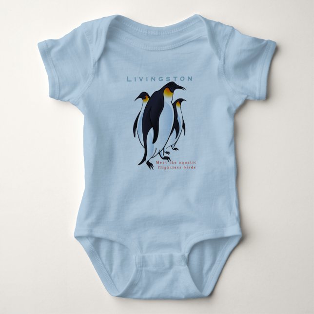 Personalize Birds Penguins Blue Baby Boy Baby Bodysuit (Front)
