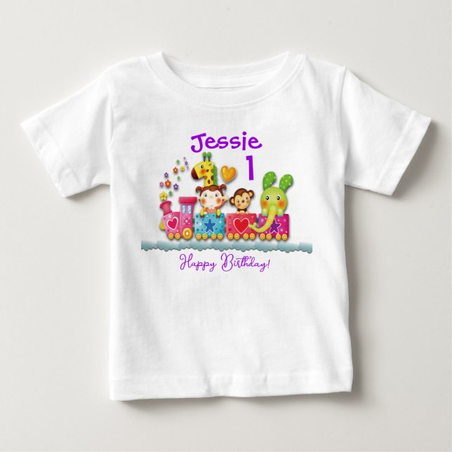 Personalize Birthday Animal Train Young Child  Baby T-Shirt (Front)