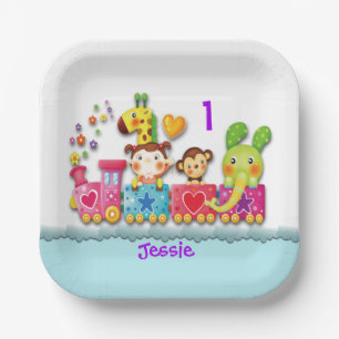 Personalize Birthday Animal Train Young Child Paper Plates