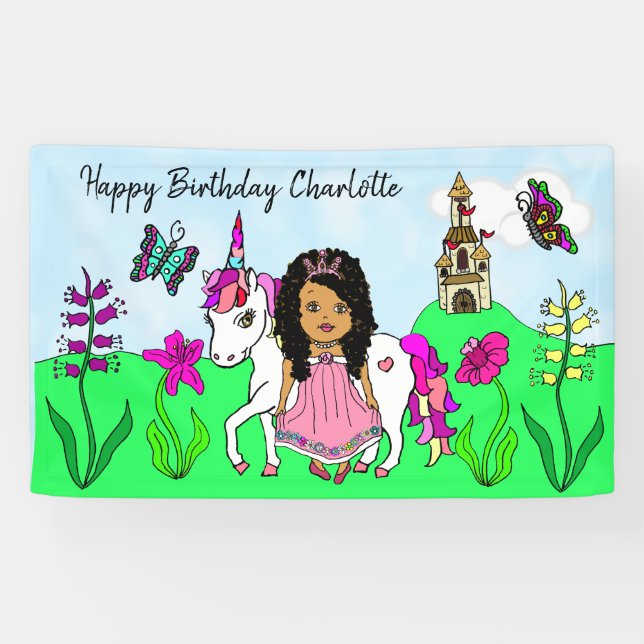 Personalize Birthday Banner Princess and Unicorn (Horizontal)