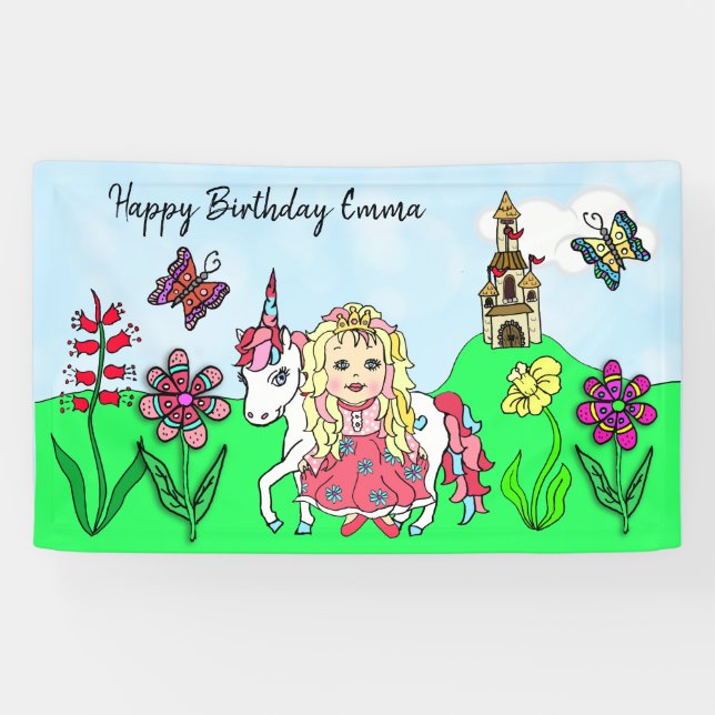 Personalize Birthday Banner Princess and Unicorn (Horizontal)