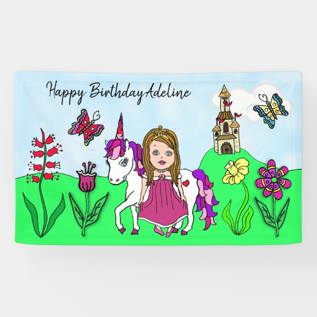 Personalize Birthday Banner Princess and Unicorn (Horizontal)