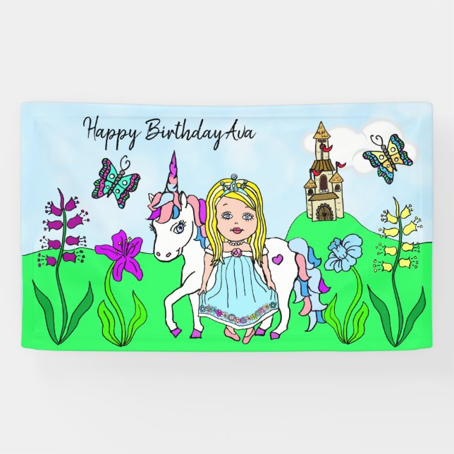 Personalize Birthday Banner Princess and Unicorn (Horizontal)