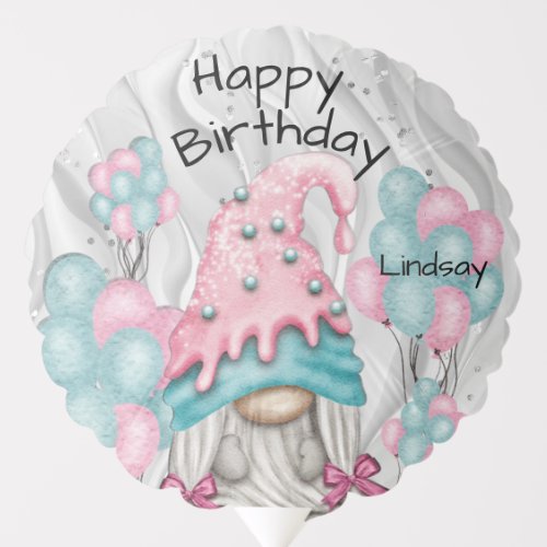 Personalize Birthday Gnome for her Pink Turquoise Balloon