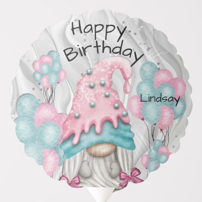 Personalize Birthday Gnome for her Pink Turquoise Balloon (Front)