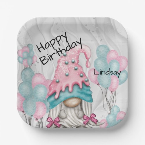 Personalize Birthday Gnome for her Pink Turquoise  Paper Plates