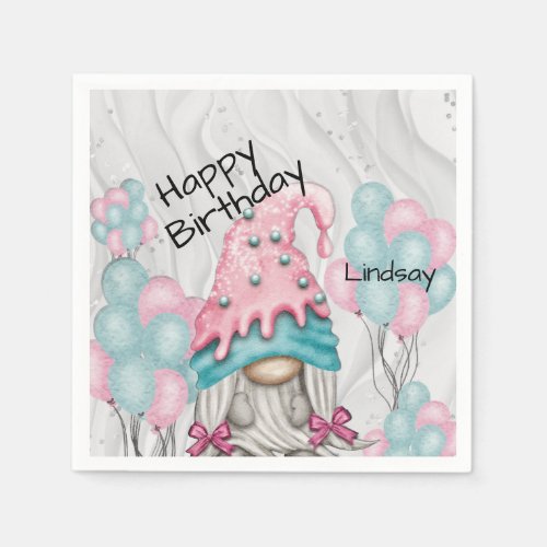Personalize Birthday Gnome Girl Ballons  Napkins