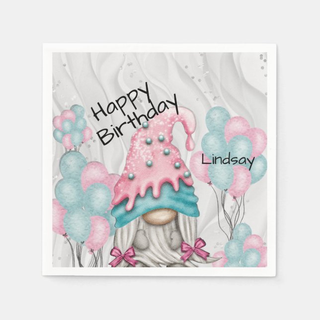 Personalize Birthday Gnome Girl Ballons  Napkins (Front)