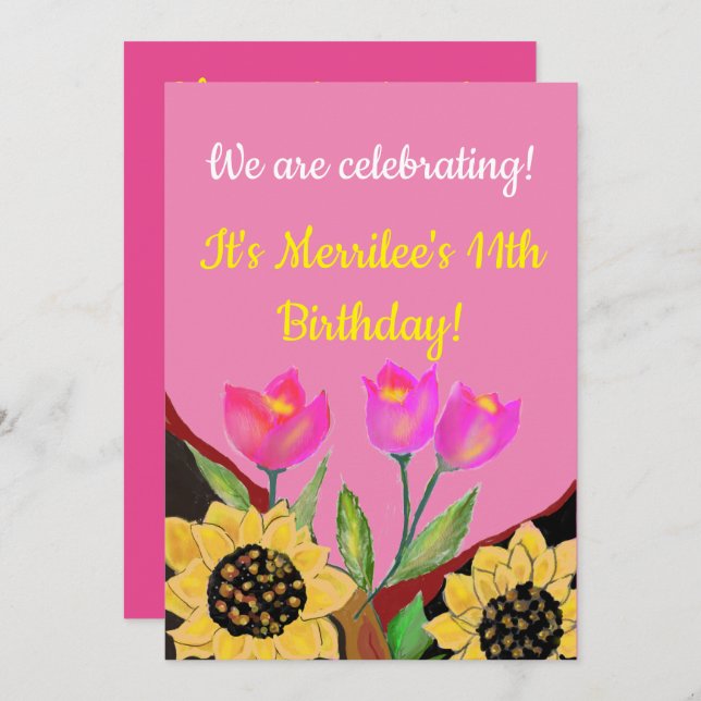 Personalize Birthday Invite Tulips & Sunflowers (Front/Back)