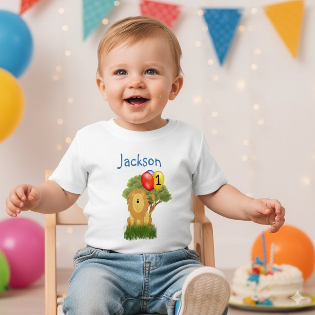 Personalize Birthday Lion Boy  Baby T-Shirt (Celebrating the first birthday of a happy baby boy. P personalize the t-shirt with his name and age)