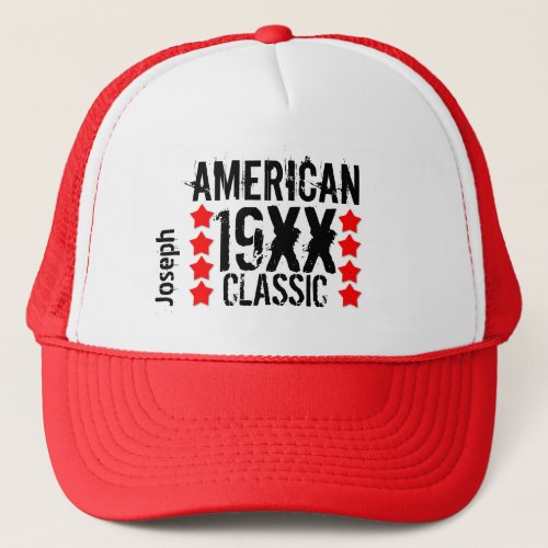 Personalize Birthday Year Name BLACK and RED V10 Trucker Hat