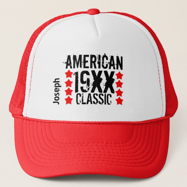 Personalize Birthday Year Name BLACK and RED V10 Trucker Hat (Front)