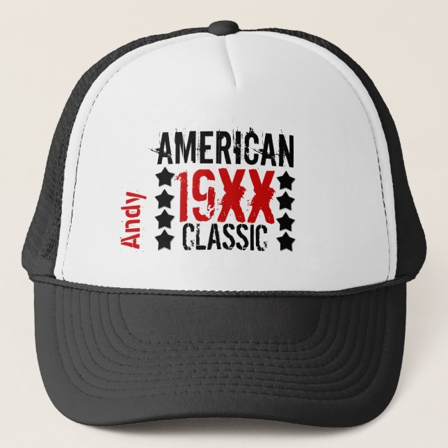 Personalize Birthday Year Name BLACK RED WHITE V01 Trucker Hat (Front)