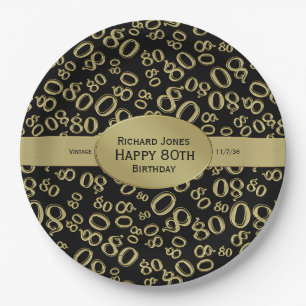 Personalize: Black and Gold 80th Birthday Theme Paper Plates