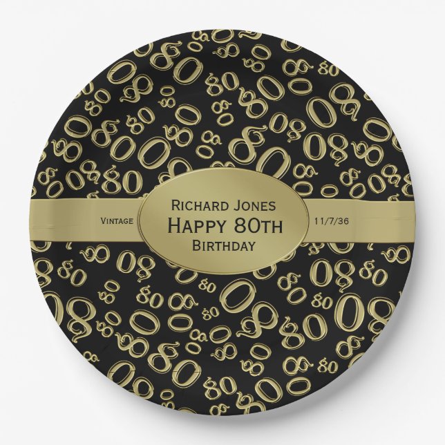Personalize:  Black and Gold 80th Birthday Theme Paper Plates (Front)