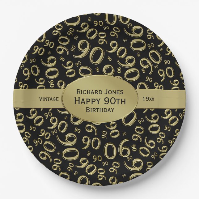 Personalize:  Black and Gold 90th Birthday Theme Paper Plates (Front)