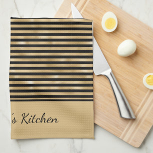 Personalize Black and Gold Striped Trendy Stylish  Kitchen Towel