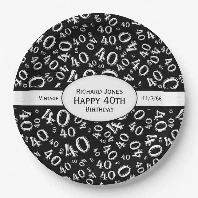 Personalize:  Black and White 40th Birthday Theme Paper Plates (Front)