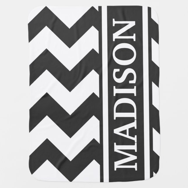 Personalize Black and White Chevron Stripe Pattern Stroller Blanket (Front)