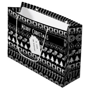 Personalize: Black and White Christmas Stripes Large Gift Bag