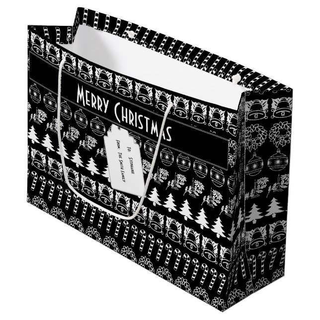 Personalize: Black and White Christmas Stripes Large Gift Bag (Front Angled)