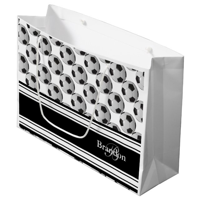 Personalize Black and White Soccer Balls Large Gift Bag (Front Angled)