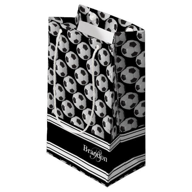 Personalize Black and White Soccer Balls Small Gift Bag (Front Angled)
