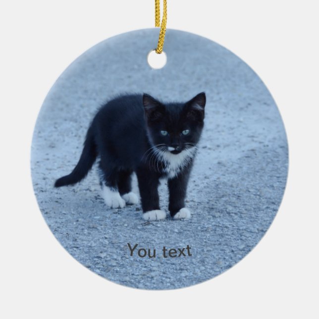 Personalize Black and white Tuxedo kitten Ceramic Ornament (Front)