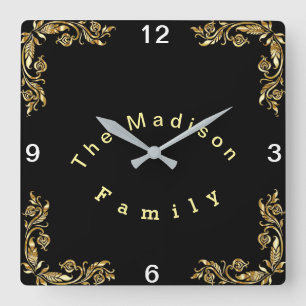 Personalize Black Background Gold Floral Border Square Wall Clock