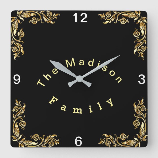 Personalize Black Background Gold Floral Border Square Wall Clock (Front)