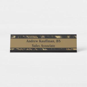 Personalize Black Brown Gold Marble Modern Trendy Desk Name Plate