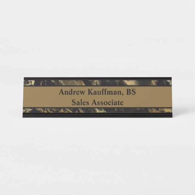 Personalize Black Brown Gold Marble Modern Trendy Desk Name Plate (Front)