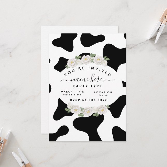 Personalize black cow print invitations (Front/Back In Situ)