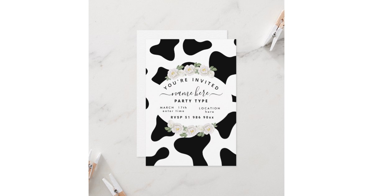 Personalize black cow print invitations | Zazzle