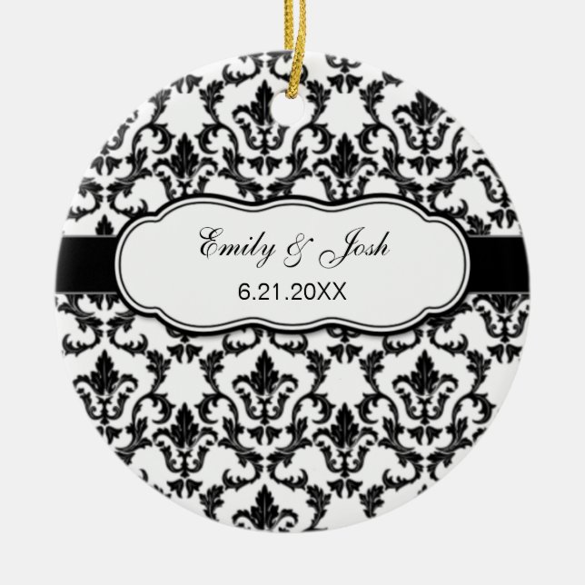Personalize Black Damask Ornament (Front)
