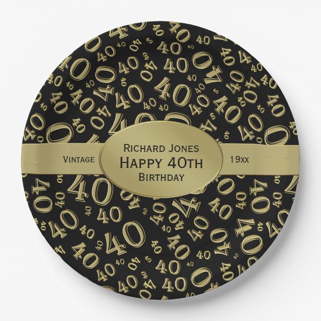 Personalize:  Black/Gold 40th Birthday Party Theme Paper Plates (Front)