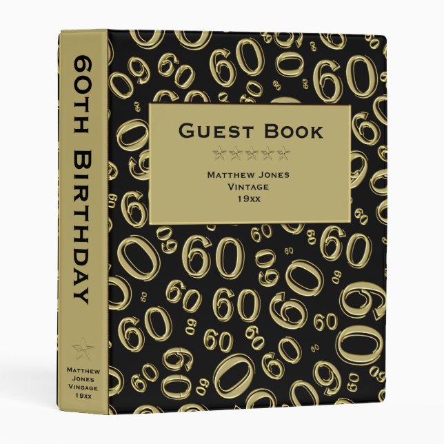 Personalize: Black/Gold 60th Birthday Guest Book Mini Binder (Front/Spine)