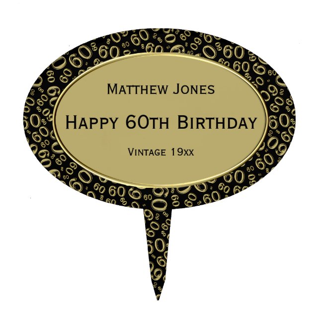 Personalize:  Black/Gold 60th Birthday Party Theme Cake Topper (Front)