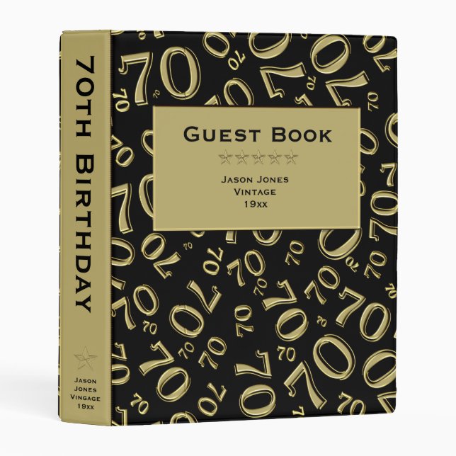 Personalize: Black/Gold 70th Birthday Guest Book Mini Binder (Front/Spine)